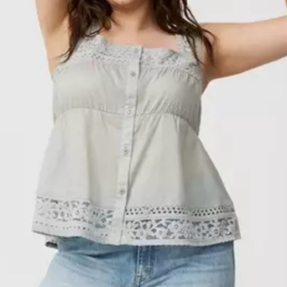 TORRID Sage Green Sleevel Square Neck Button-Front Lace Inset Cami Top Sz 1X